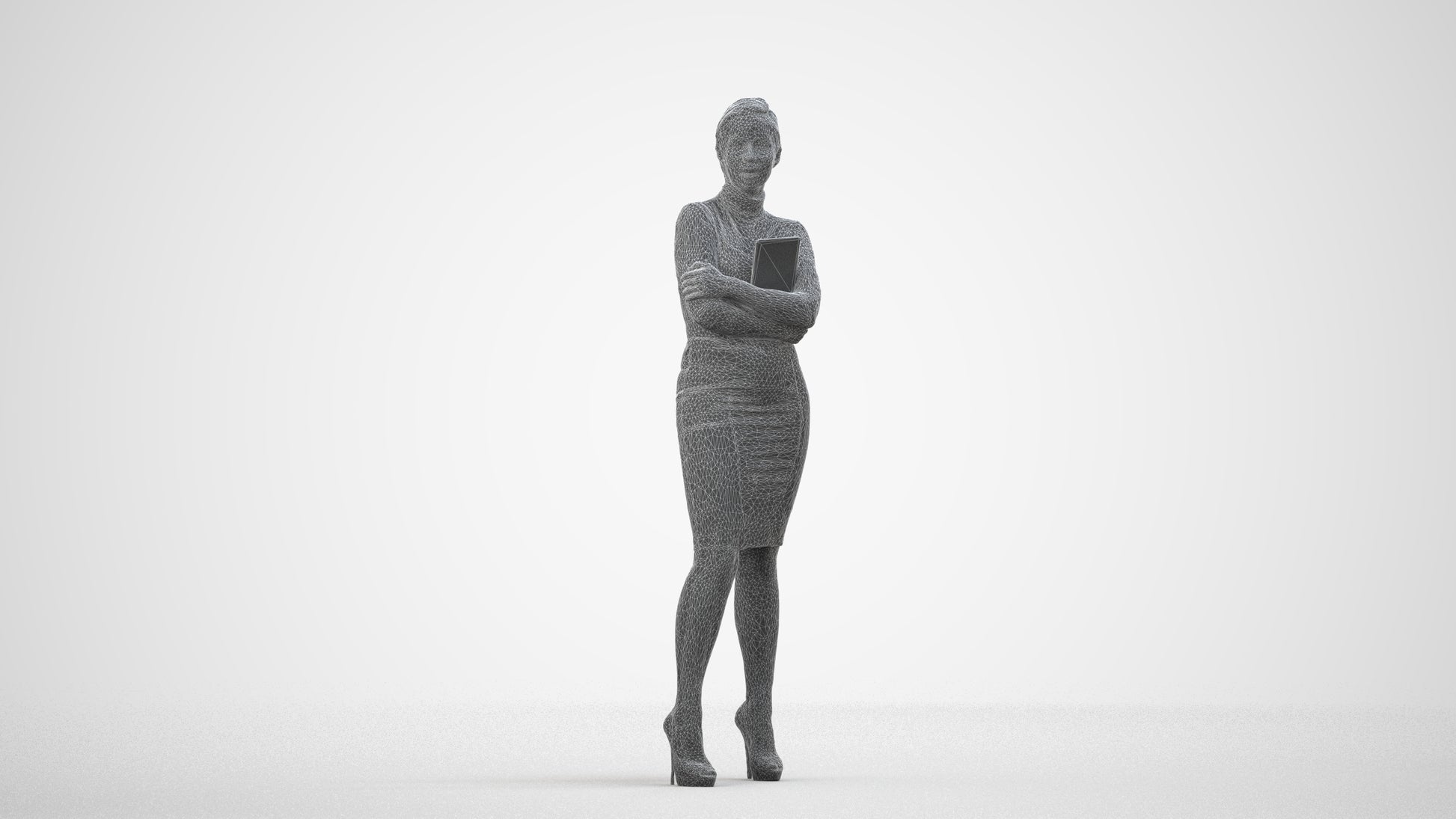 3D people model woman business standing, scanned human for 3ds Max rendering, wireframe side view