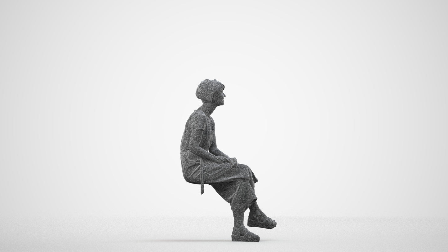 realistic 3D senior woman casual sitting, scanned archviz people for Blender and 3ds Max, wireframe side view