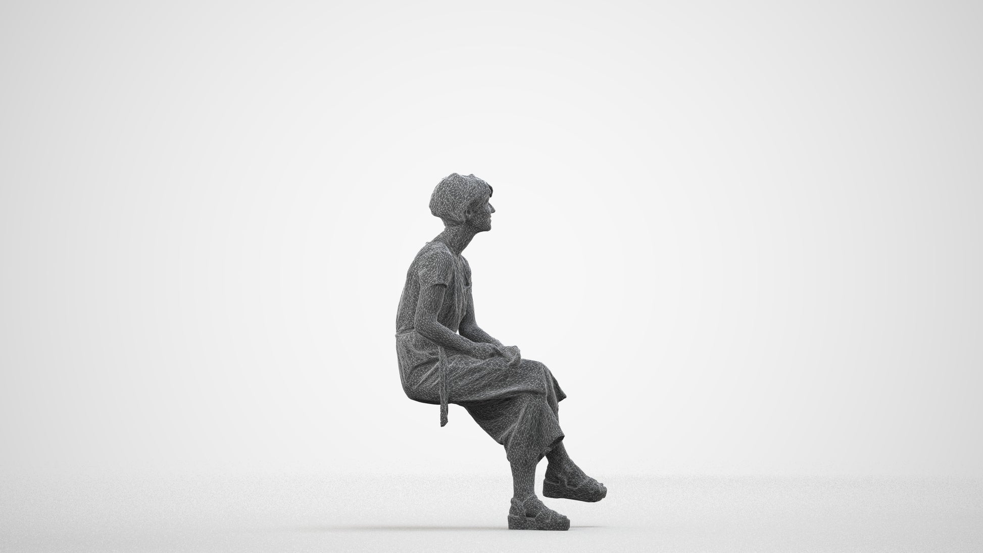 realistic 3D senior woman casual sitting, scanned archviz people for Blender and 3ds Max, wireframe side view