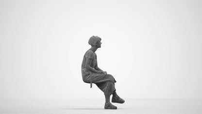realistic 3D senior woman casual sitting, scanned archviz people for Blender and 3ds Max, wireframe side view