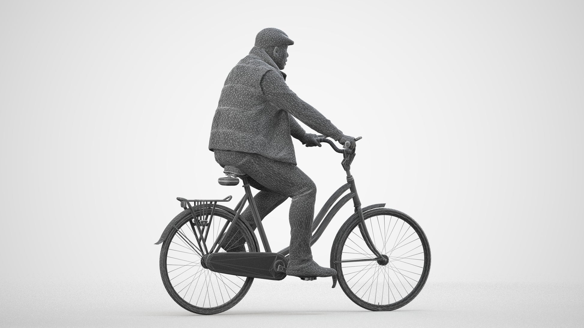 3D people model man casual cycling, scanned human for 3ds Max rendering, wireframe side view