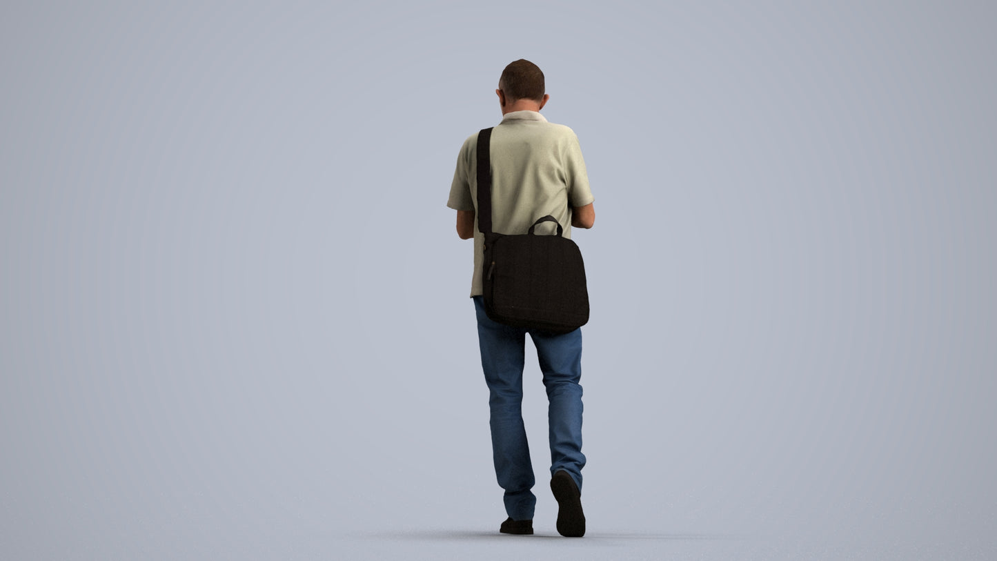 realistic 3D human senior man casual walking, archviz people FBX OBJ for Blender, front view render