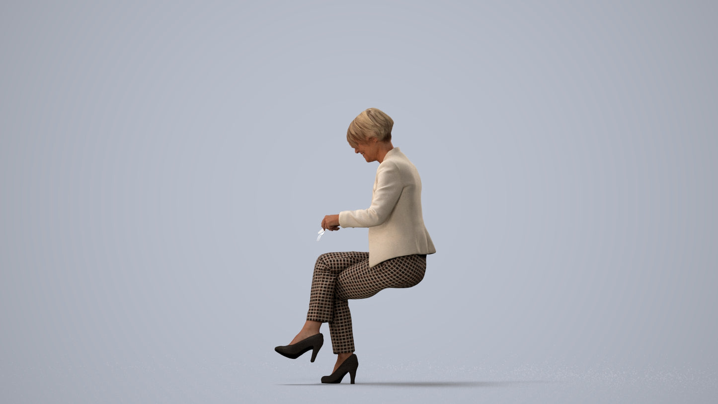 realistic 3D human senior woman business sitting, archviz people FBX OBJ for Blender, three-quarter view render