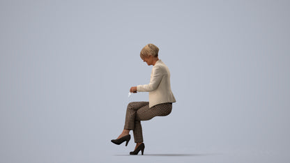 realistic 3D human senior woman business sitting, archviz people FBX OBJ for Blender, three-quarter view render