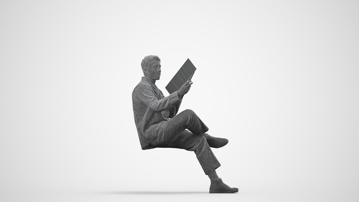 photogrammetry 3D man casual sitting, realistic human model archviz FBX, wireframe side view