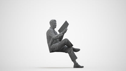 photogrammetry 3D man casual sitting, realistic human model archviz FBX, wireframe side view