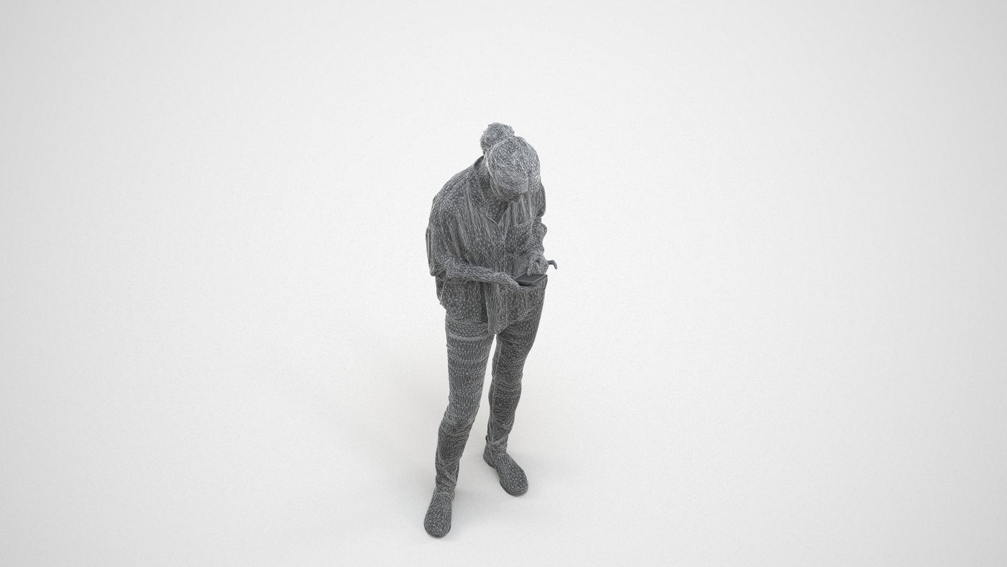 realistic 3D people woman casual standing, render-ready for V-Ray and Corona, FBX OBJ, wireframe three-quarter view
