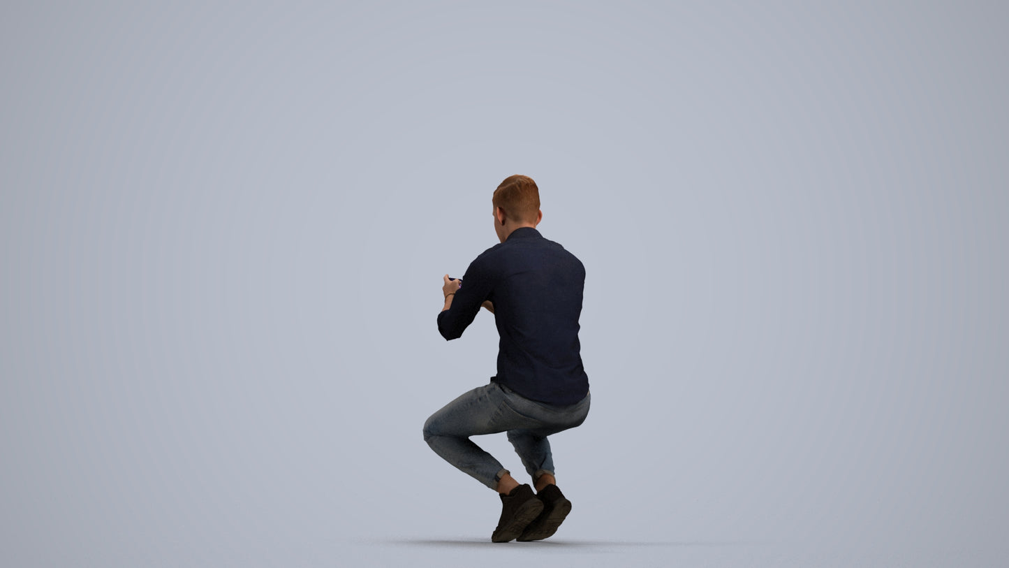 realistic 3D man casual sitting, scanned archviz people for Blender and 3ds Max, front view render