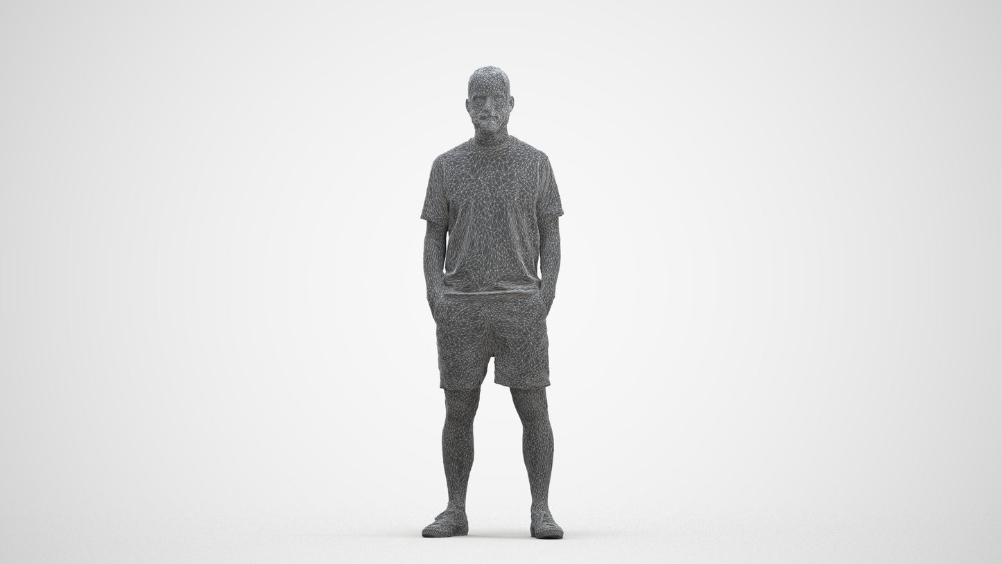 3D human model man casual standing, photogrammetry scanned person for archviz, three-quarter front view render