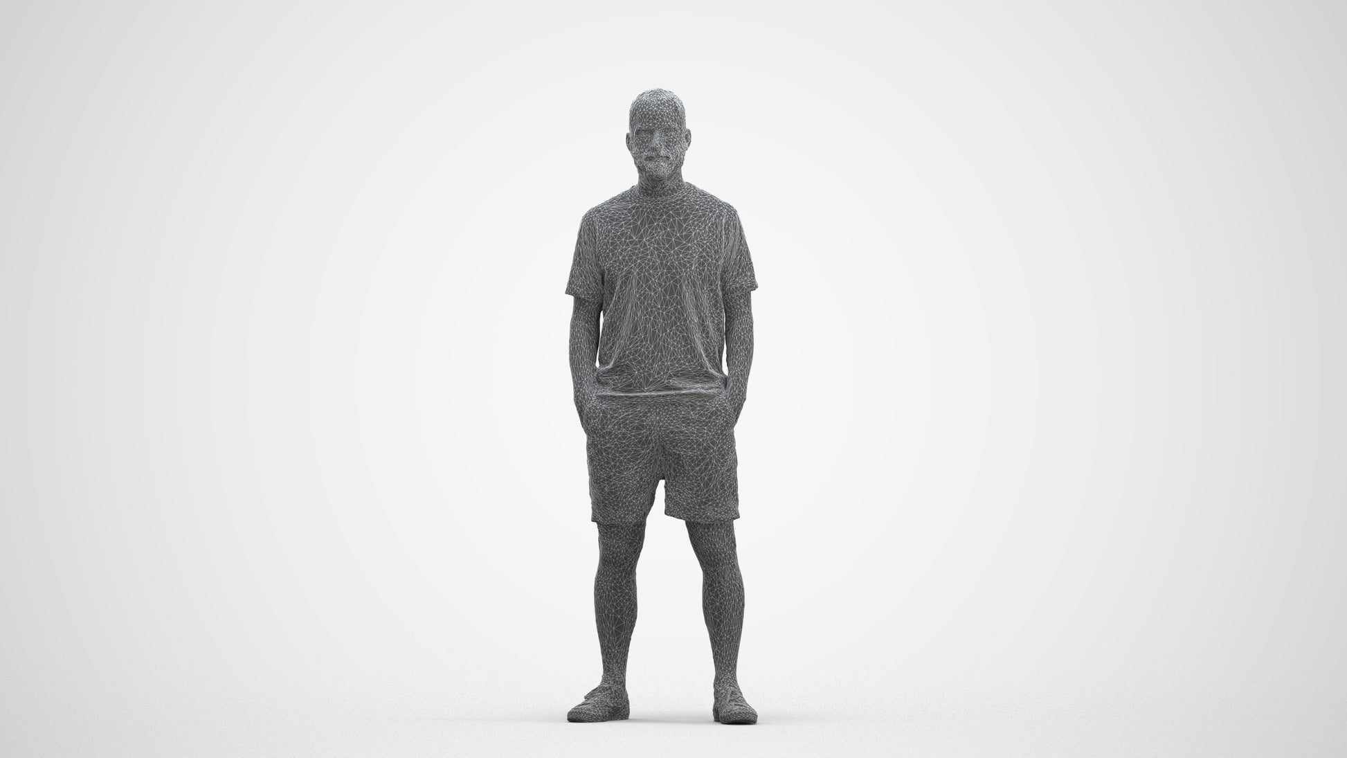 3D human model man casual standing, photogrammetry scanned person for archviz, three-quarter front view render