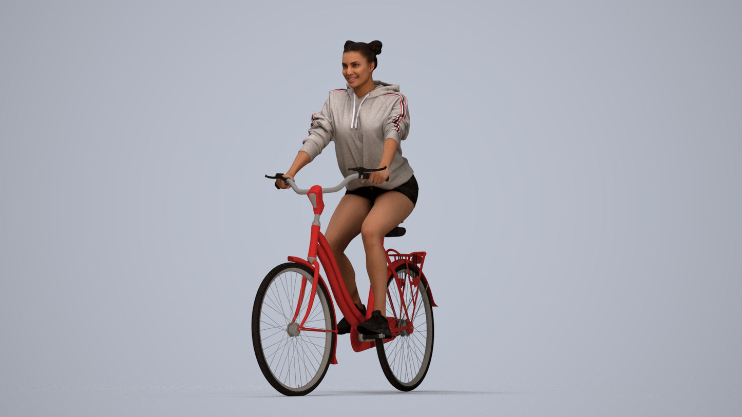 scanned 3D woman casual cycling, photogrammetry people for Enscape and V-Ray, top-down view render