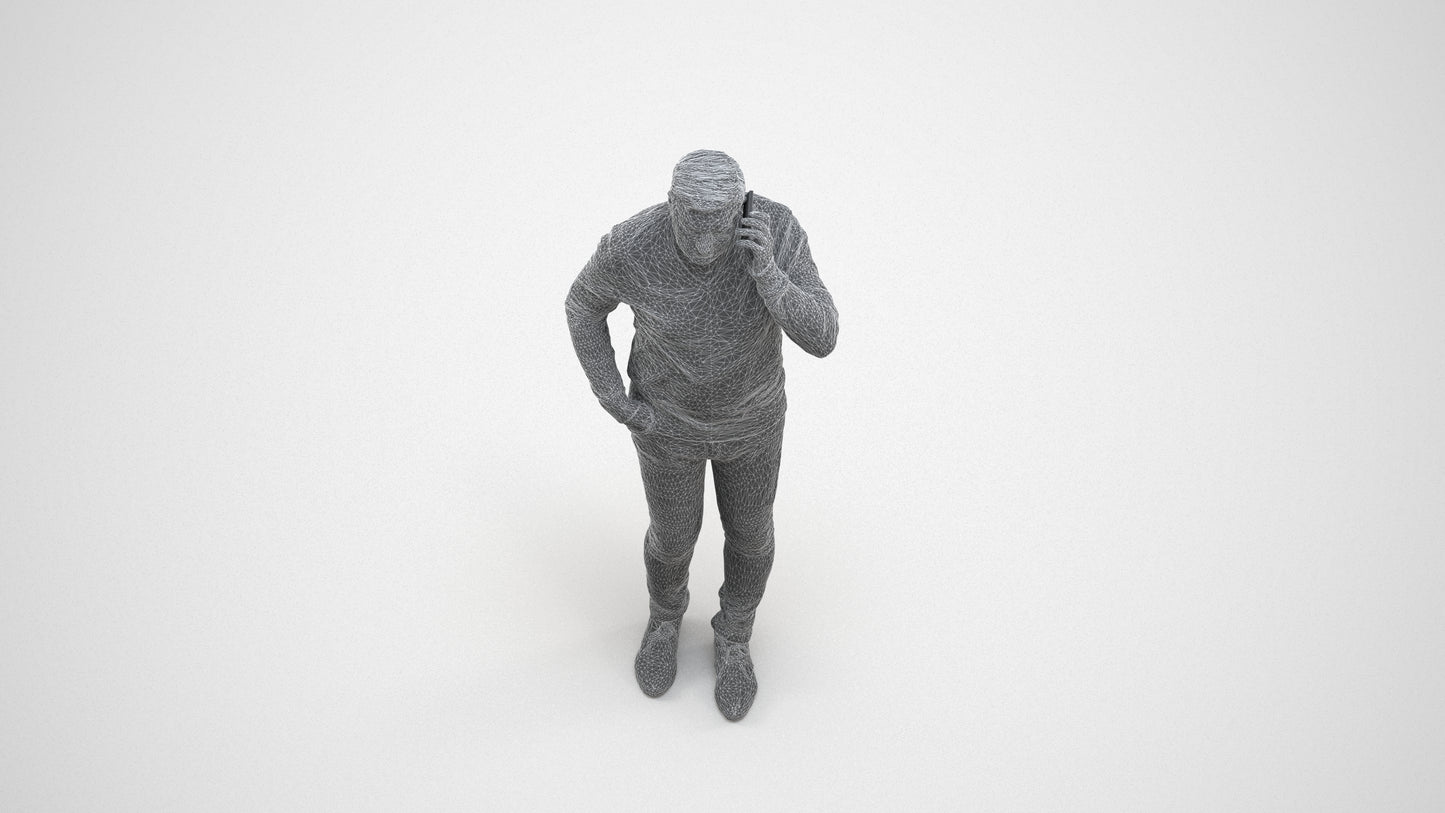 3D human model man casual standing, photogrammetry scanned person for archviz, wireframe three-quarter view