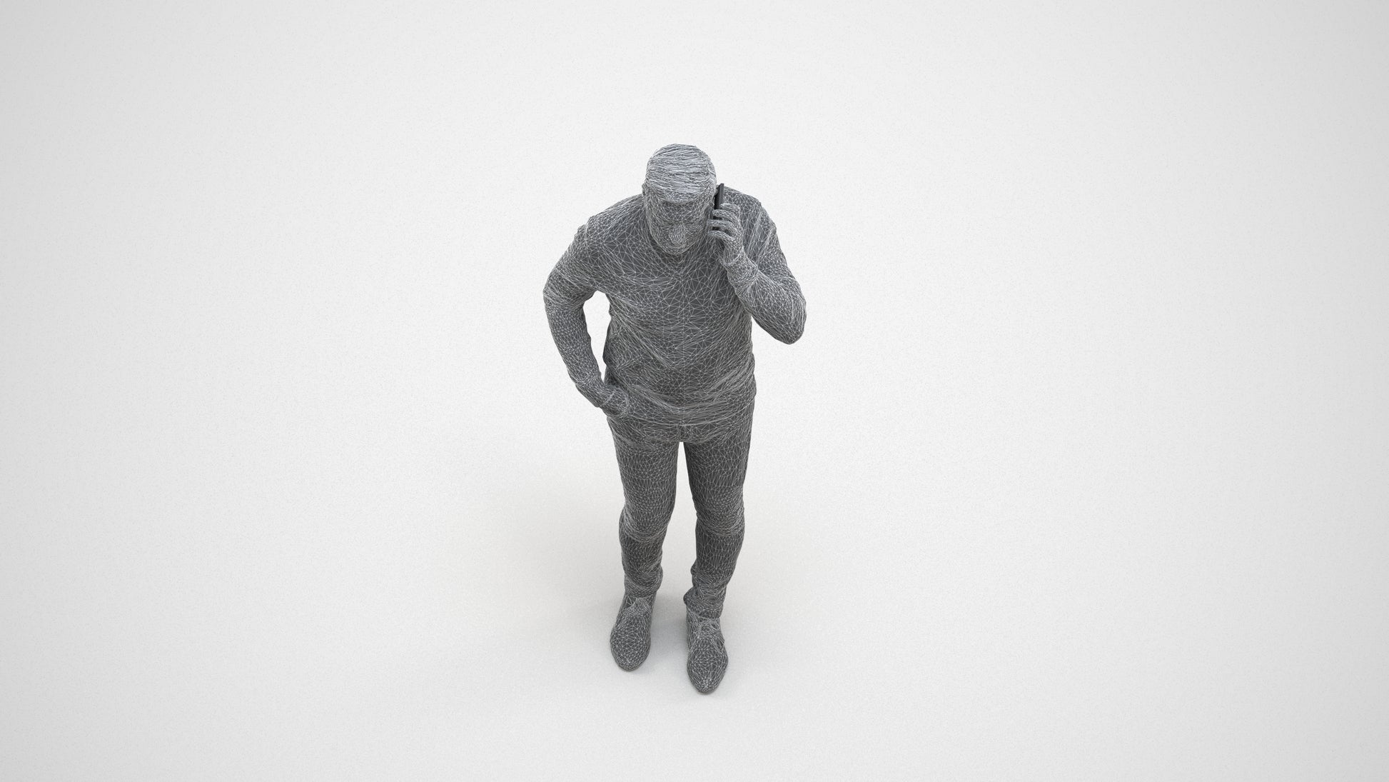3D human model man casual standing, photogrammetry scanned person for archviz, wireframe three-quarter view