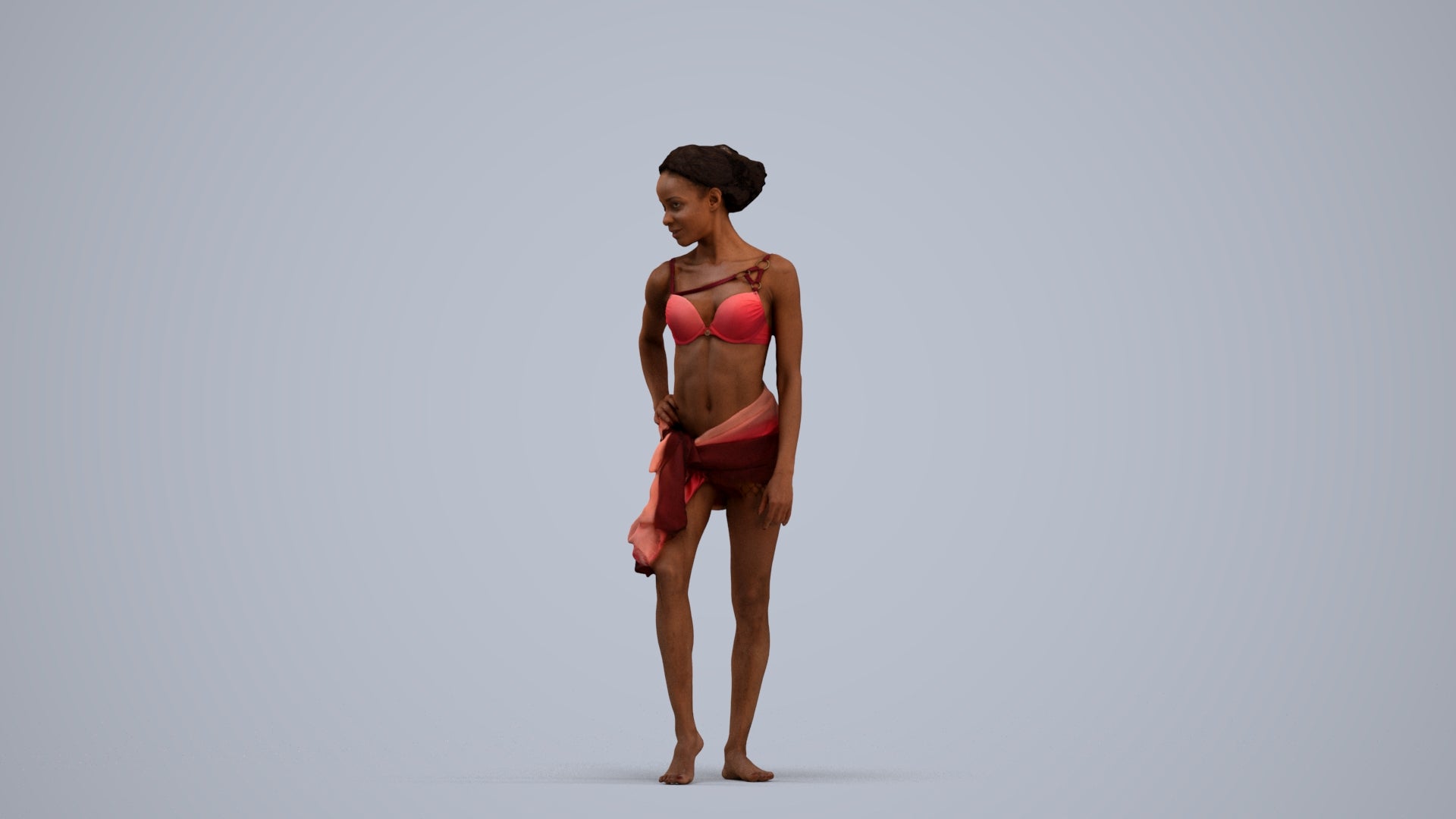 3D human model woman pool, photogrammetry scanned person for archviz, standing pose render