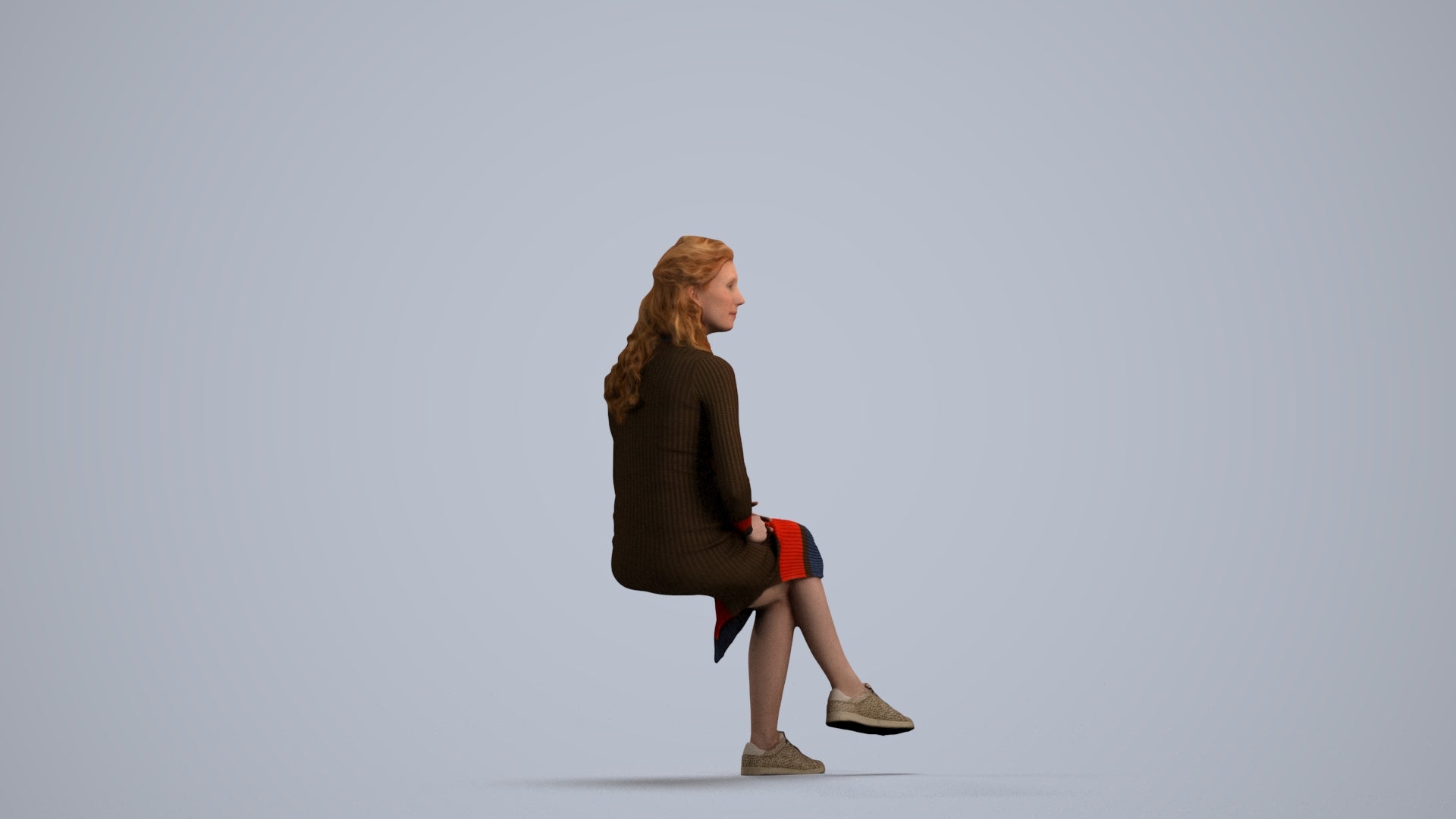 3D human model woman casual sitting, photogrammetry scanned person for archviz, front view render