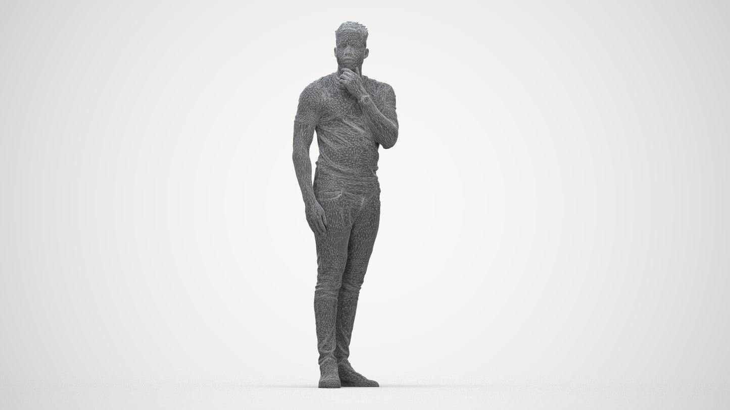 3D human model man casual standing, photogrammetry scanned person for archviz, wireframe back view