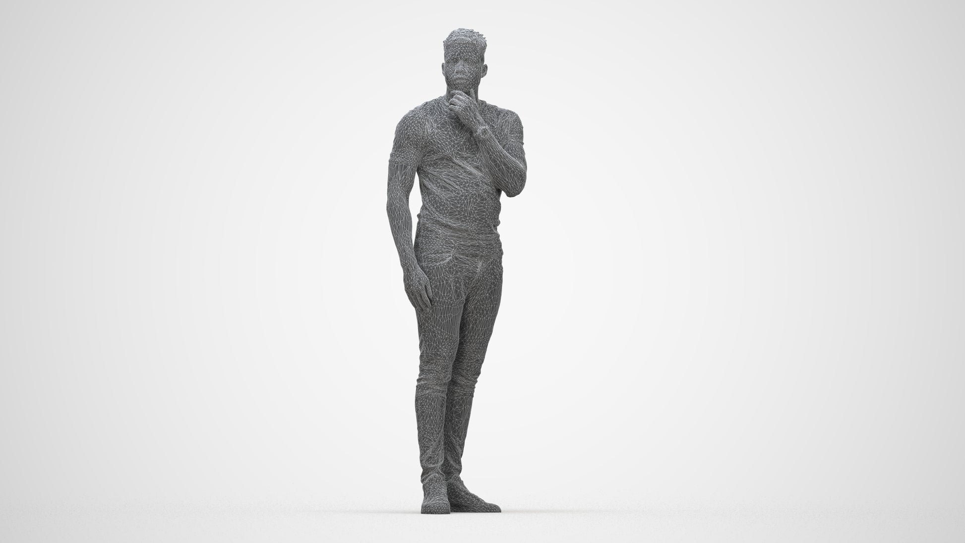 3D human model man casual standing, photogrammetry scanned person for archviz, wireframe back view
