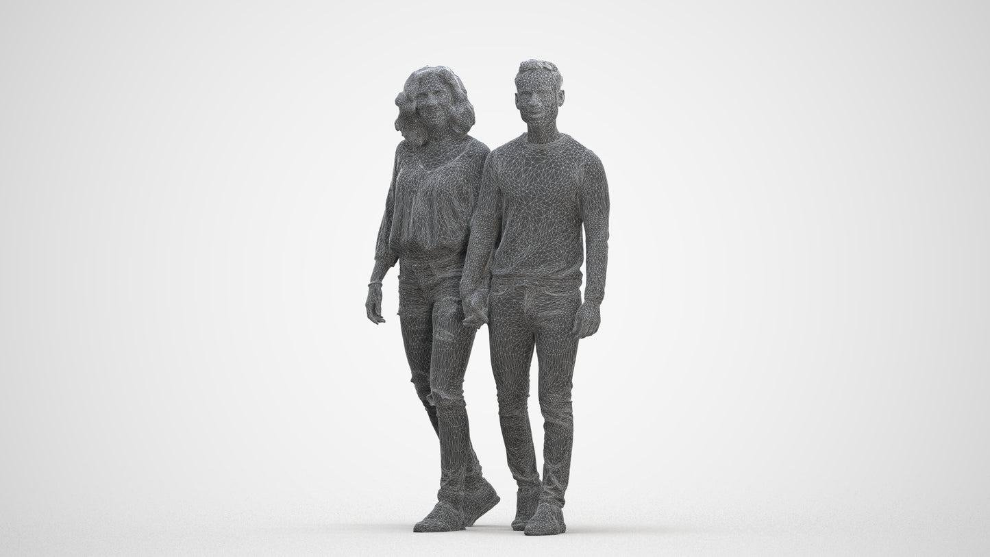 realistic 3D woman casual couple, scanned archviz people for Blender and 3ds Max, three-quarter front view render