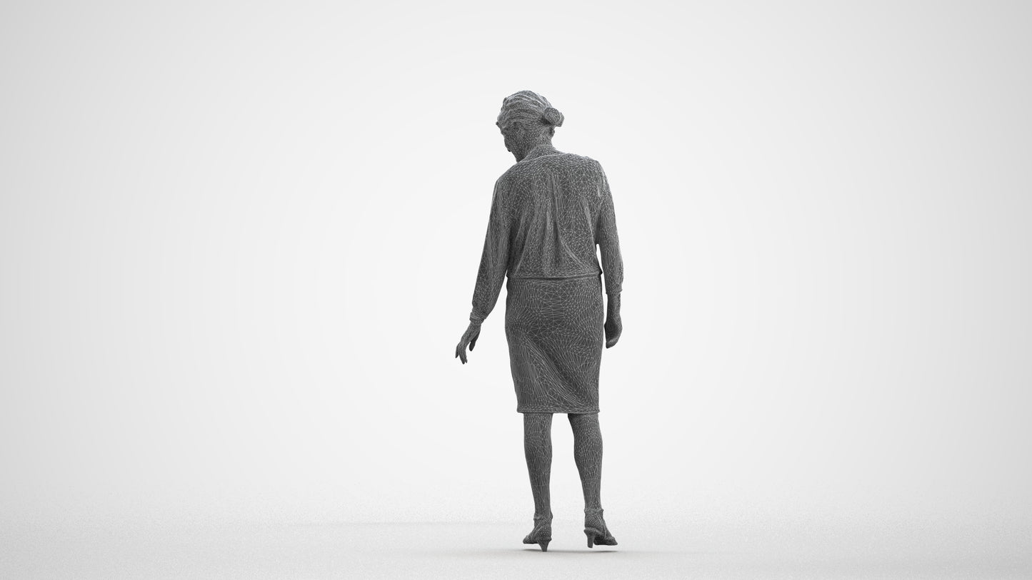 3D human model senior woman business standing, photogrammetry scanned person for archviz, wireframe front view