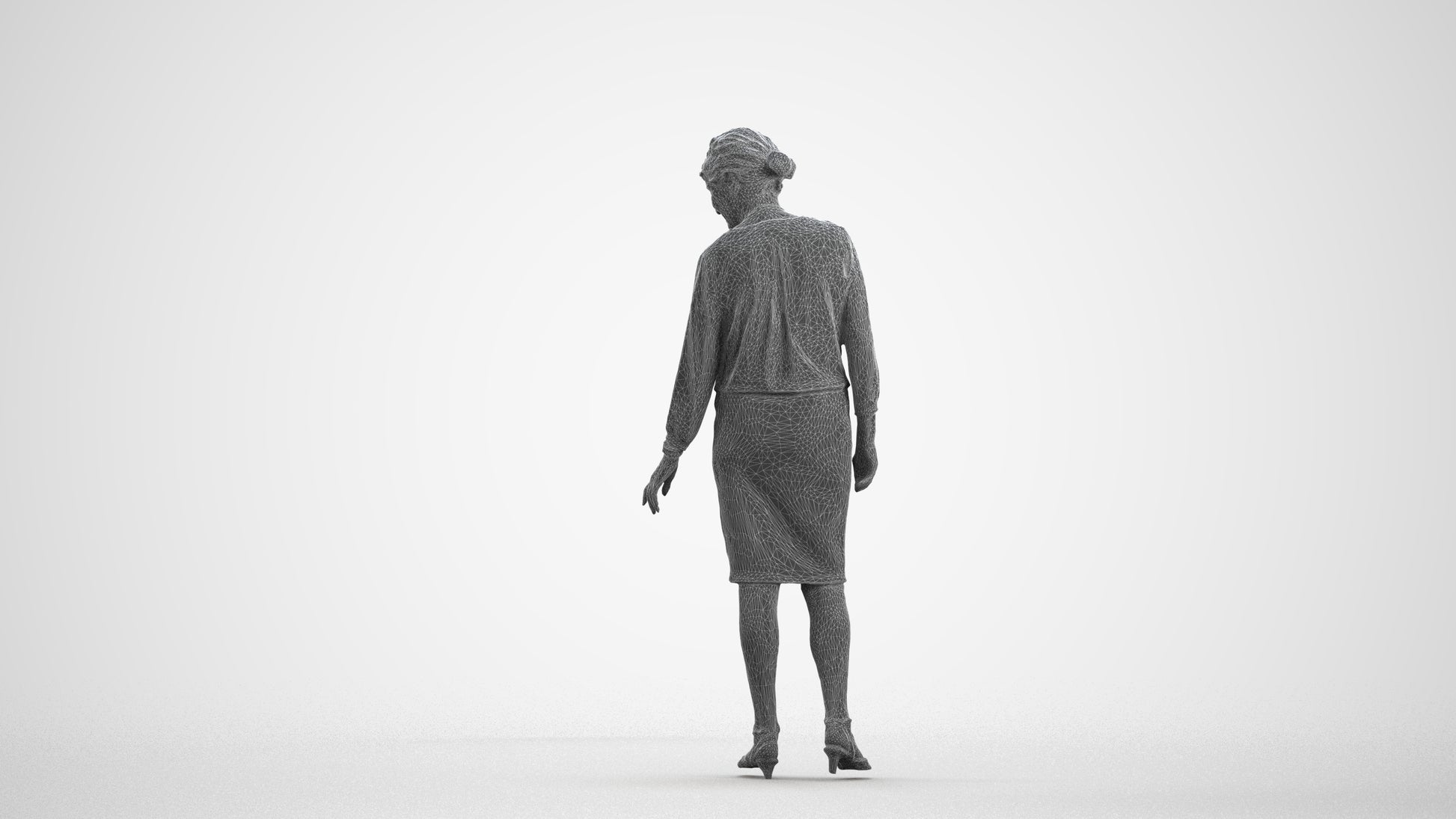 3D human model senior woman business standing, photogrammetry scanned person for archviz, wireframe front view