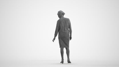 3D human model senior woman business standing, photogrammetry scanned person for archviz, wireframe front view