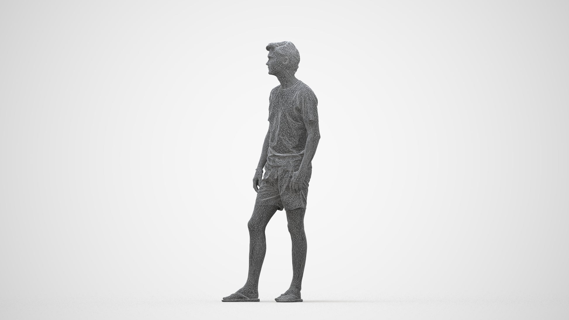 3D human model man casual standing, photogrammetry scanned person for archviz, wireframe back view