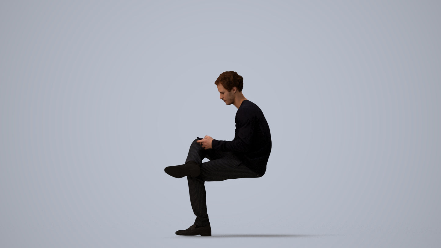 3D scanned man sitting casual, photorealistic archviz people for Enscape and SketchUp, three-quarter view render