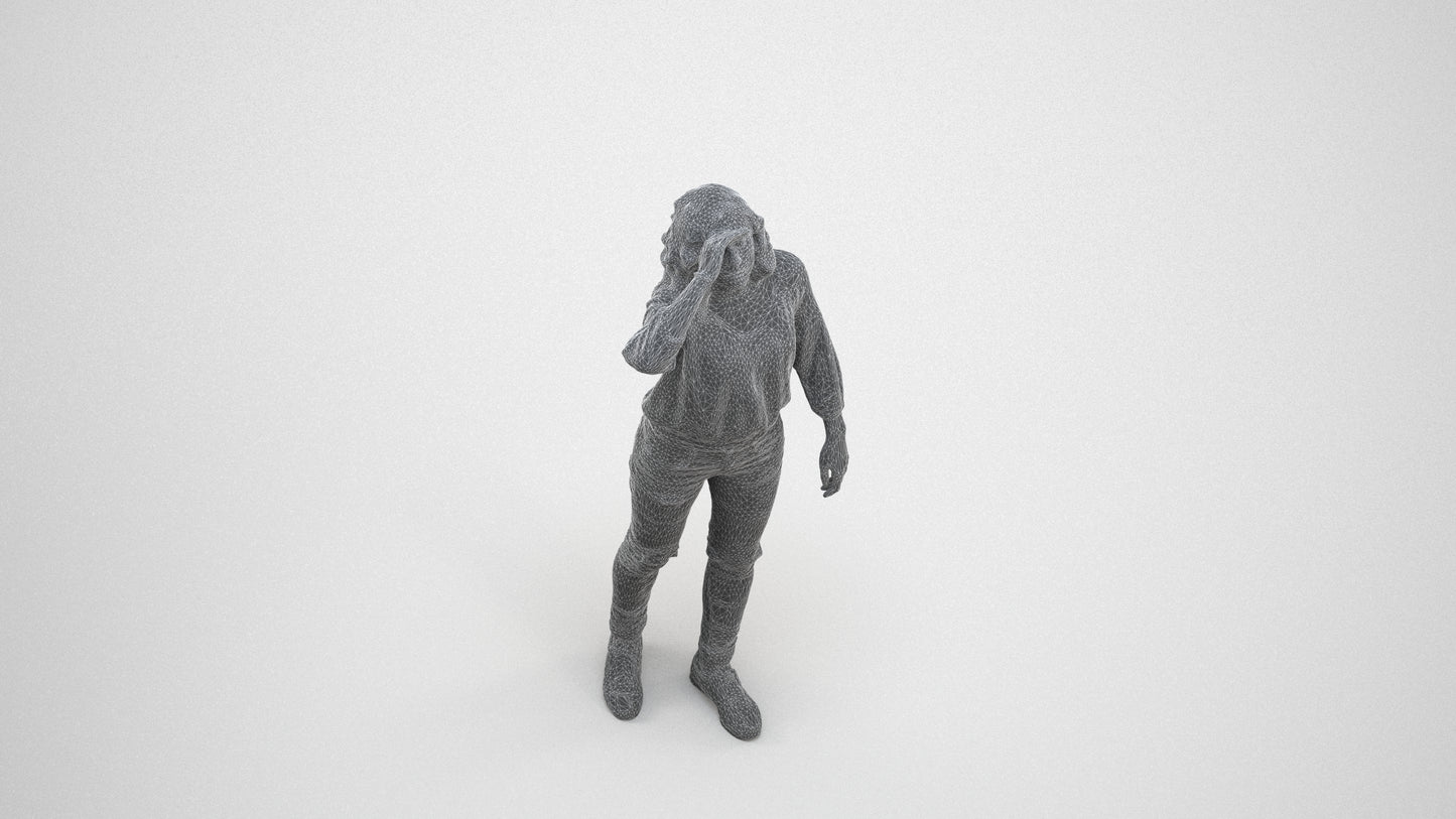 realistic 3D woman casual walking, scanned archviz people for Blender and 3ds Max, wireframe three-quarter view