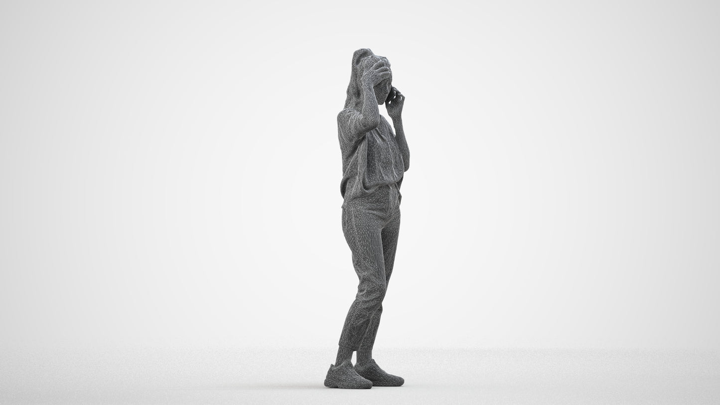 3D scanned woman standing casual, photorealistic archviz people for Enscape and SketchUp, wireframe side view