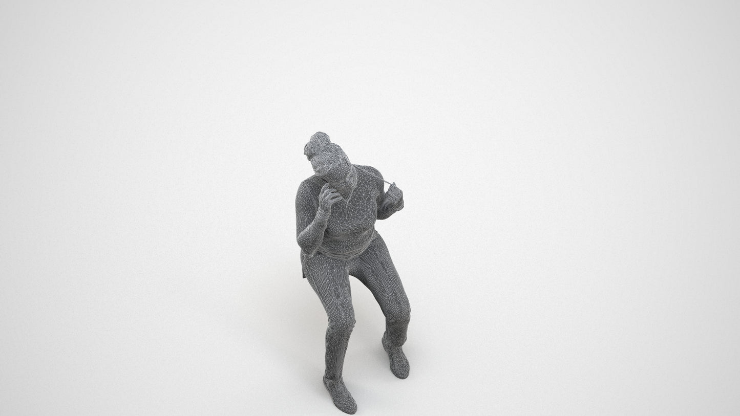 scanned 3D woman casual sitting, photogrammetry people for Enscape and V-Ray, wireframe three-quarter view