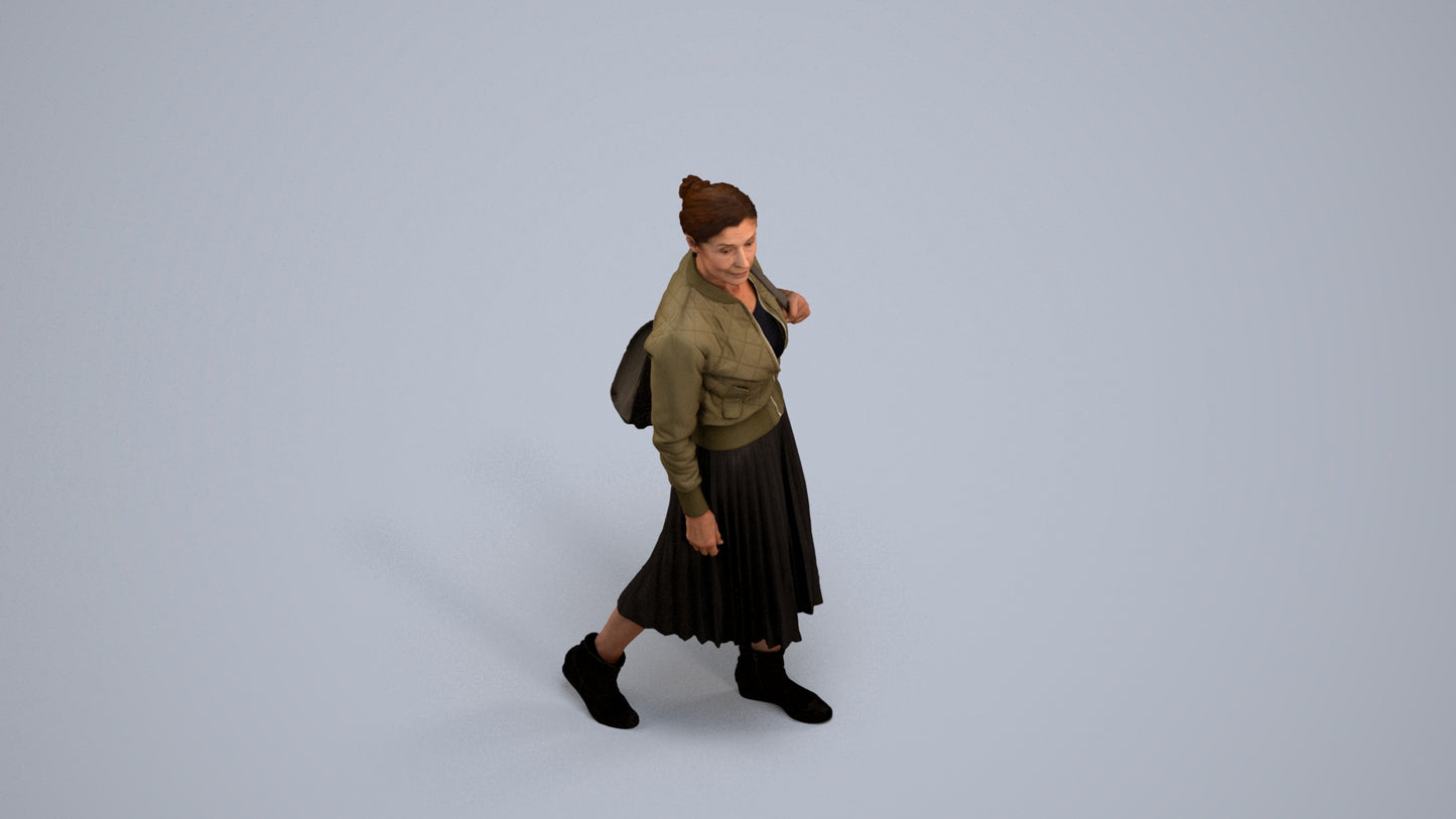 3D scanned senior woman walking casual, photorealistic archviz people for Enscape and SketchUp, back view render