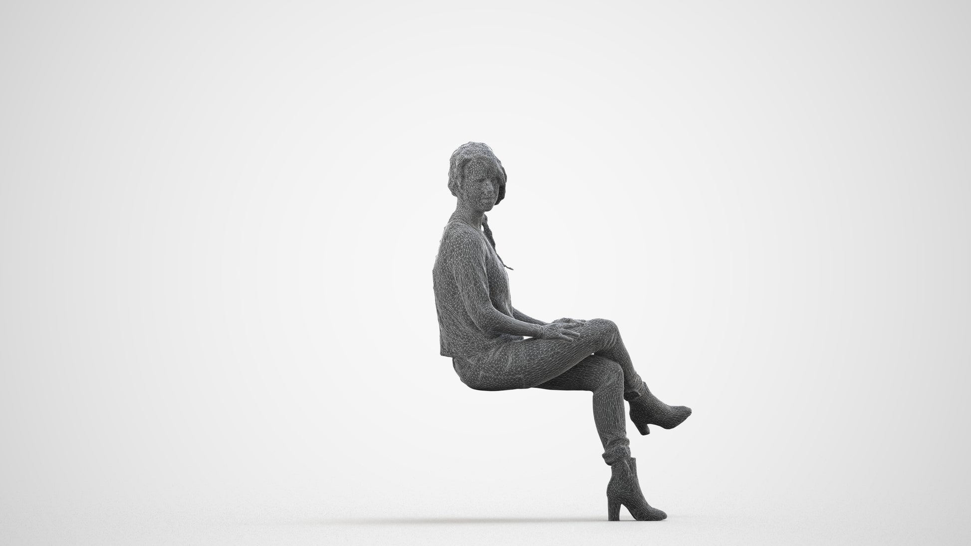 photogrammetry 3D girl business sitting, realistic human model archviz FBX, wireframe side view