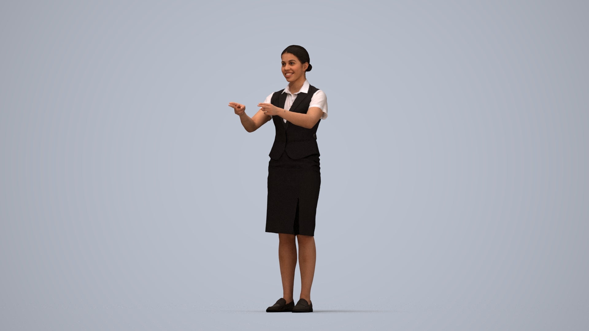 photogrammetry 3D woman hospitality, realistic human model archviz FBX, top-down view render
