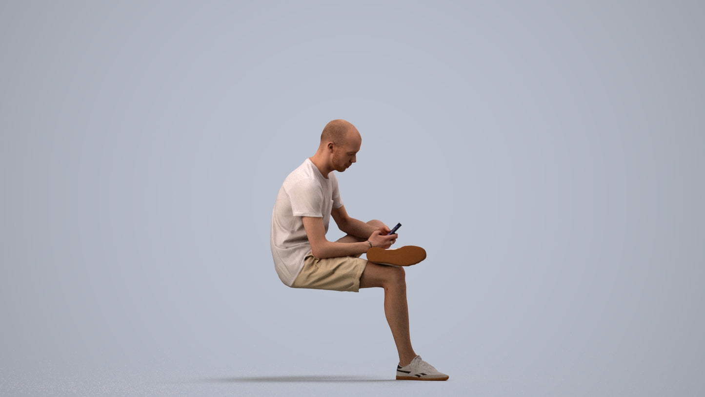 3D scanned man sitting casual, photorealistic archviz people for Enscape and SketchUp, side view render