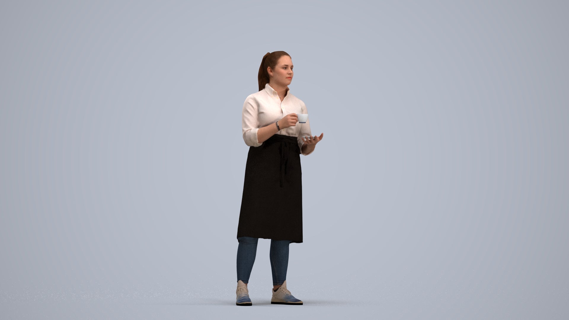 realistic 3D woman hospitality, scanned archviz people for Blender and 3ds Max, standing pose render