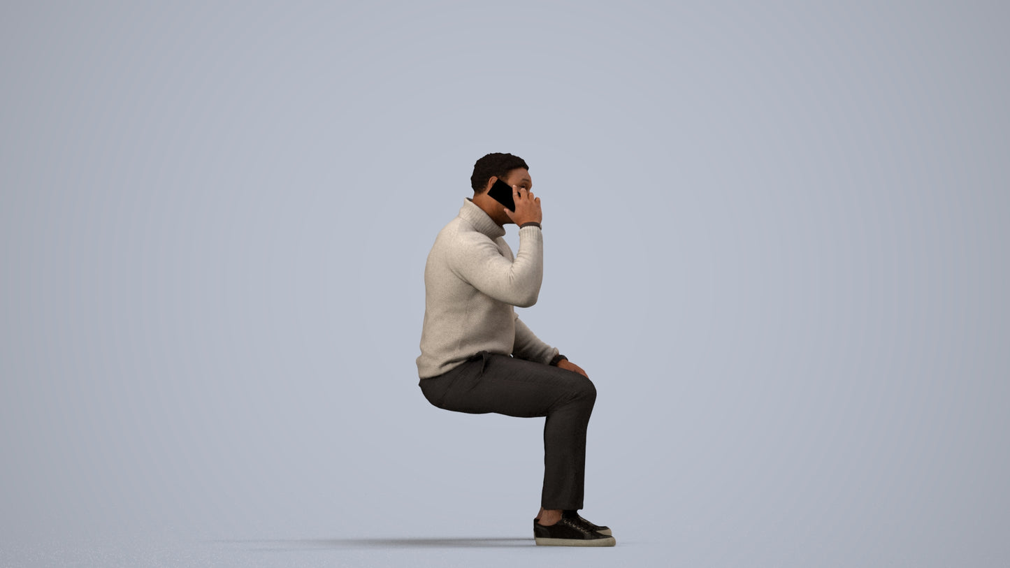 3D human model man casual sitting, photogrammetry scanned person for archviz, side view render