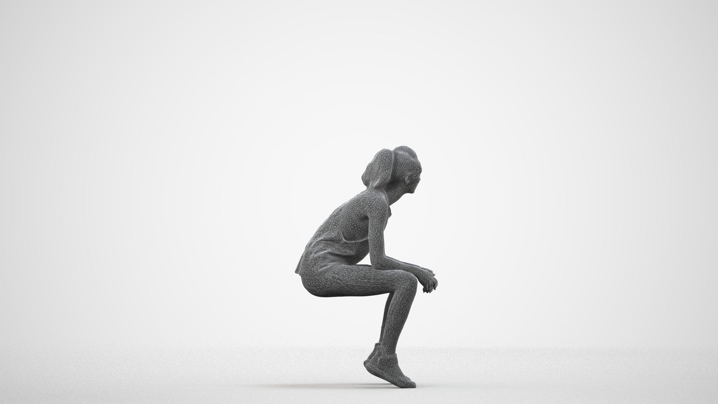 3D human model woman sport, photogrammetry scanned person for archviz, wireframe side view