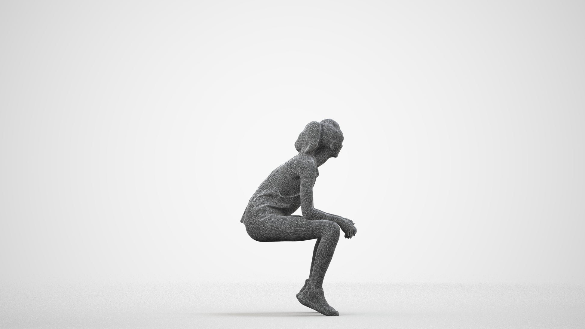 3D human model woman sport, photogrammetry scanned person for archviz, wireframe side view