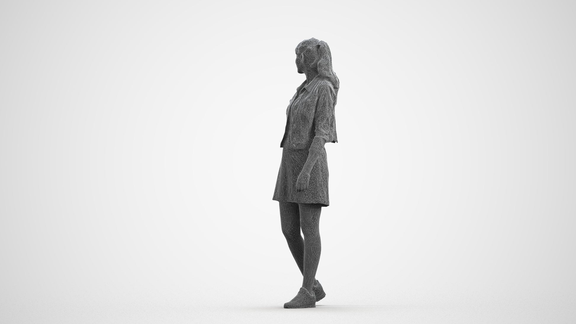 realistic 3D woman casual walking, scanned archviz people for Blender and 3ds Max, wireframe front view