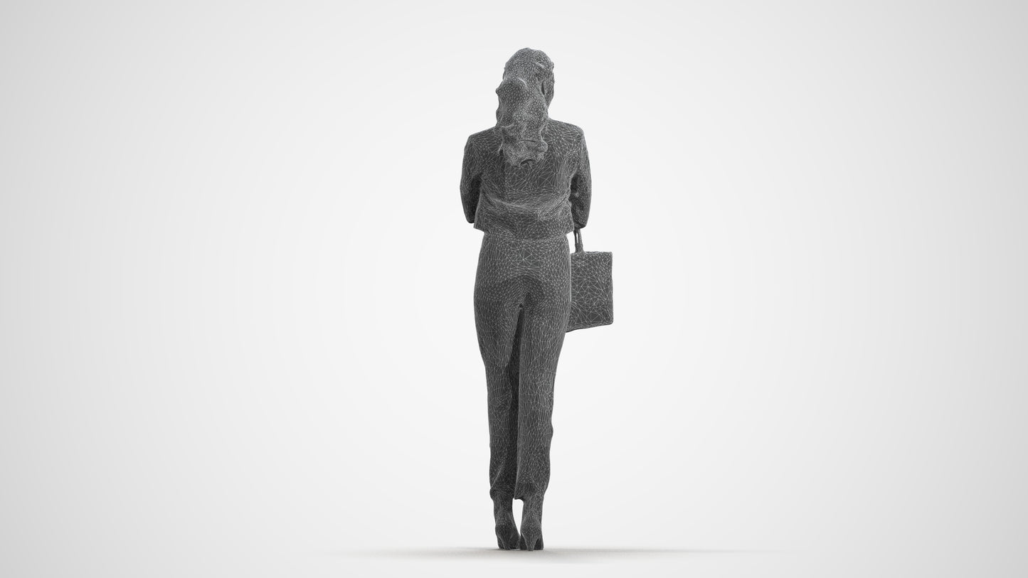 realistic 3D human woman business standing, archviz people FBX OBJ for Blender, wireframe front view