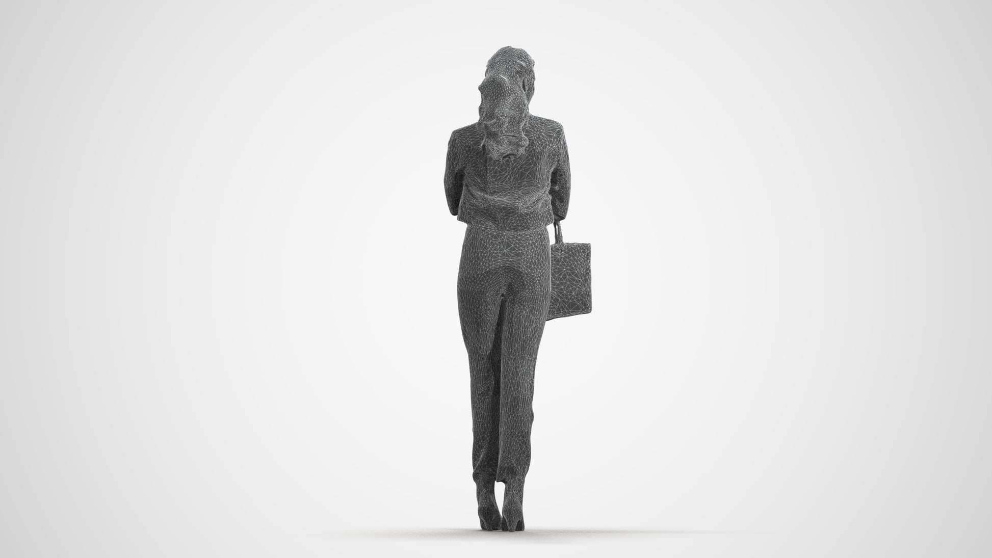 realistic 3D human woman business standing, archviz people FBX OBJ for Blender, wireframe front view