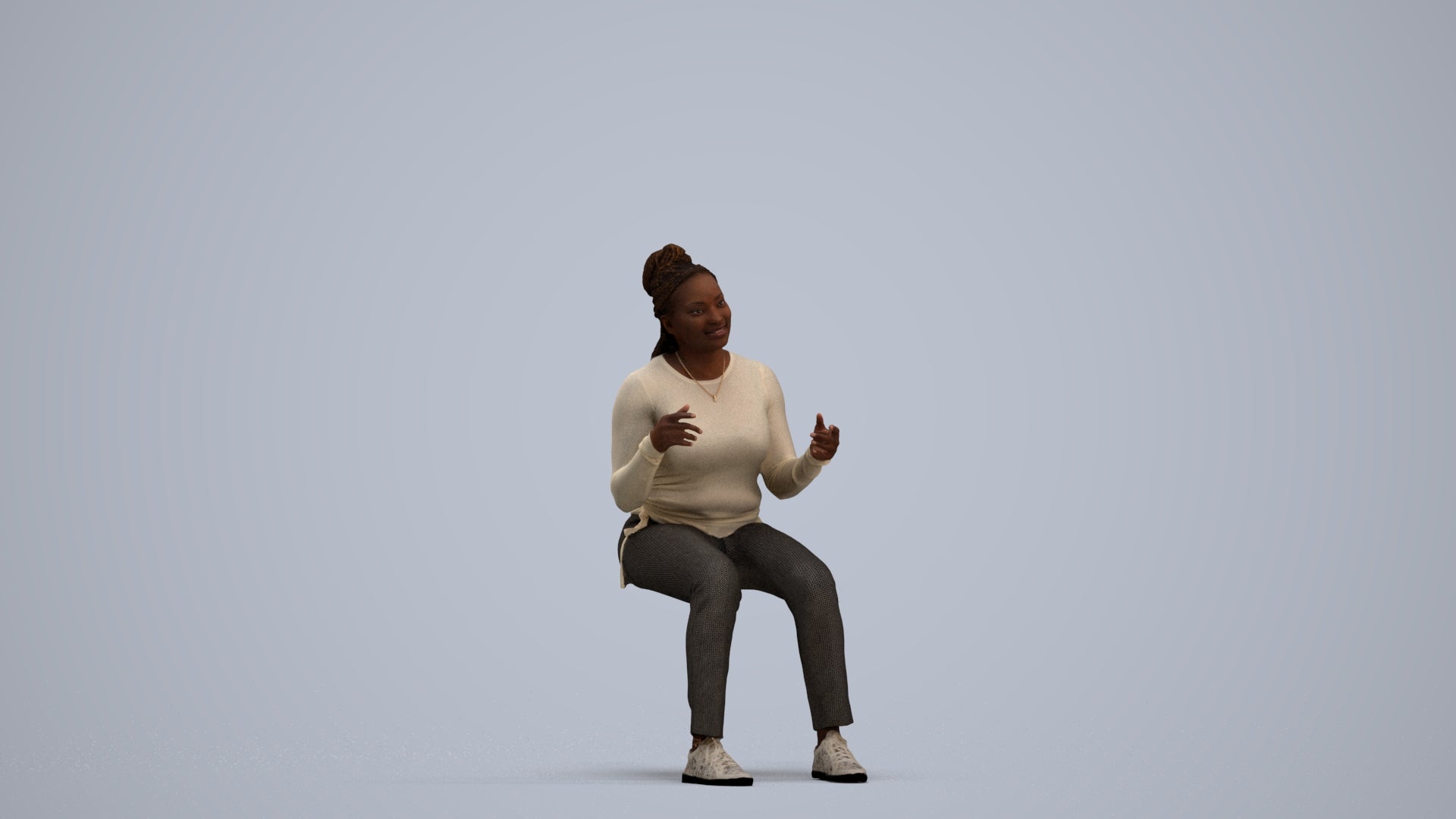 3D human model woman casual sitting, photogrammetry scanned person for archviz, standing pose render