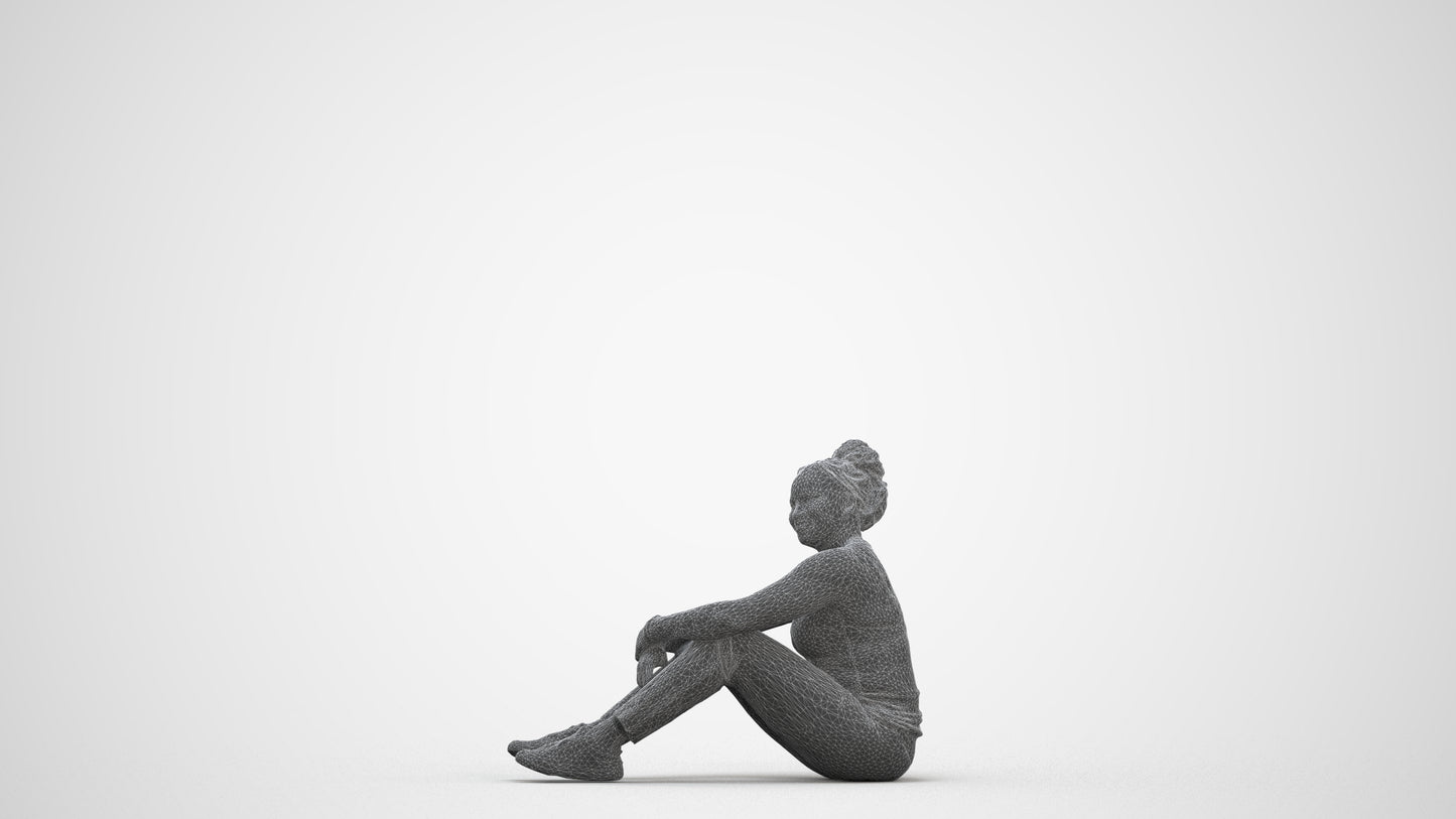 realistic 3D human woman casual sitting, archviz people FBX OBJ for Blender, three-quarter front view render