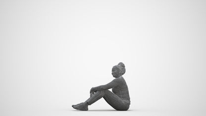 realistic 3D human woman casual sitting, archviz people FBX OBJ for Blender, three-quarter front view render
