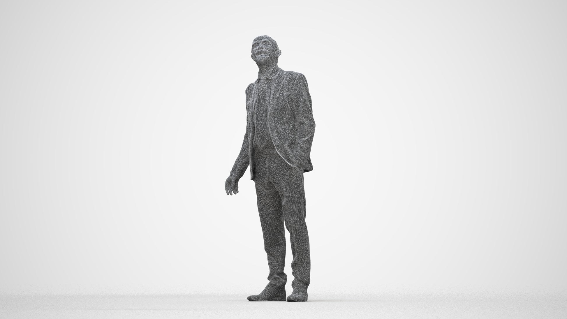 3D people model senior man business, scanned human for 3ds Max rendering, wireframe back view