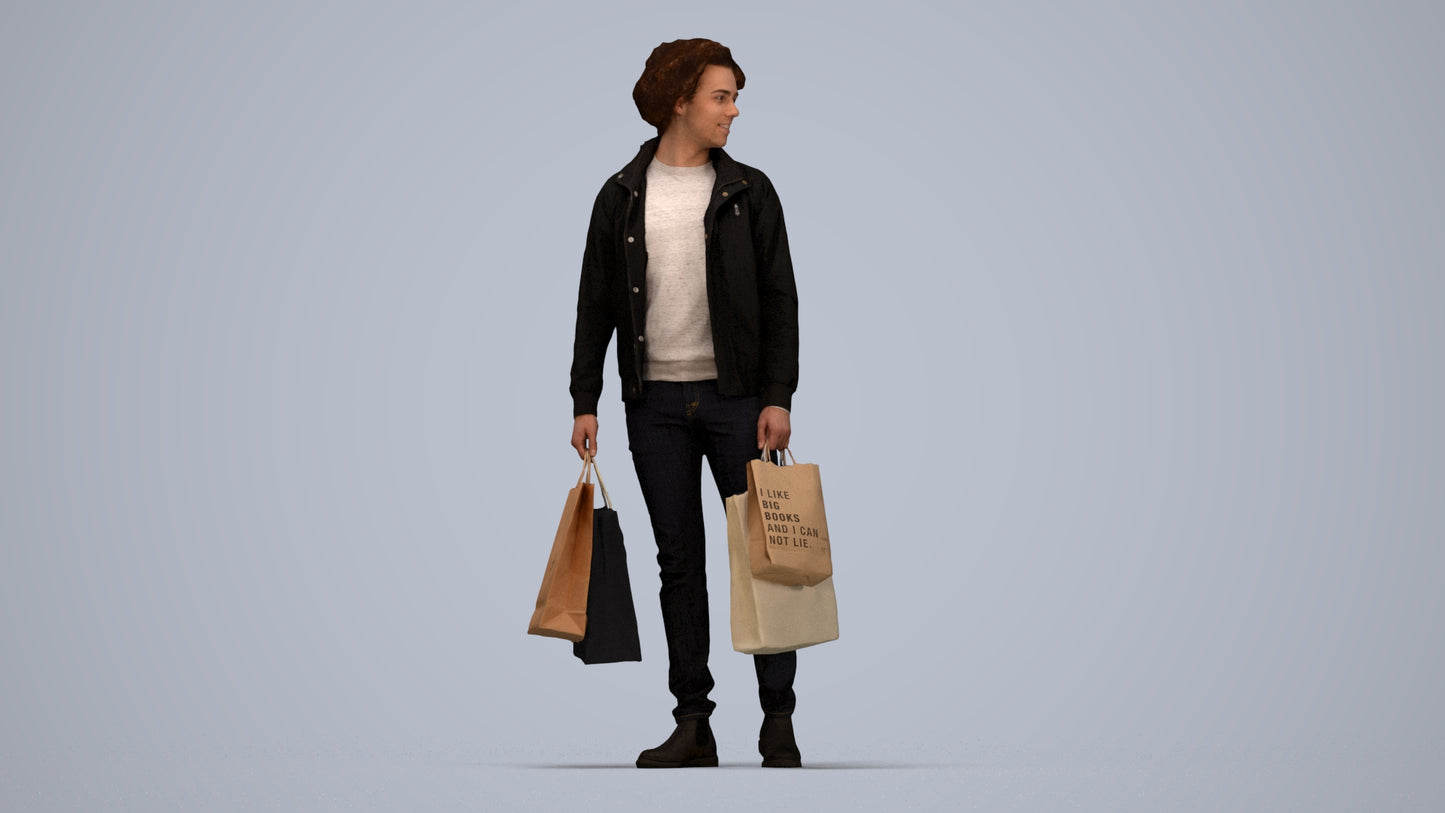 realistic 3D man casual shopping, scanned archviz people for Blender and 3ds Max, top-down view render