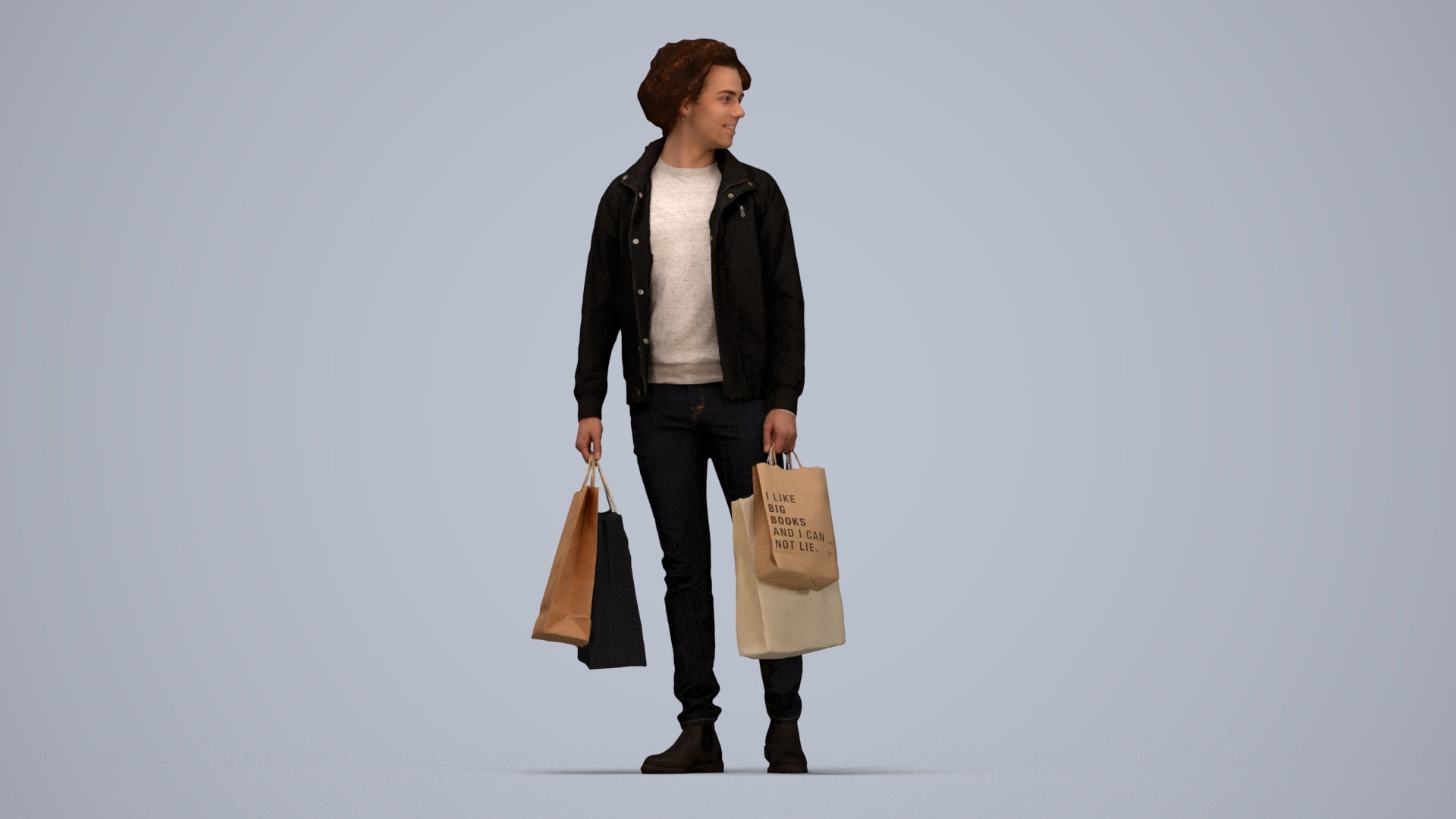 realistic 3D man casual shopping, scanned archviz people for Blender and 3ds Max, top-down view render