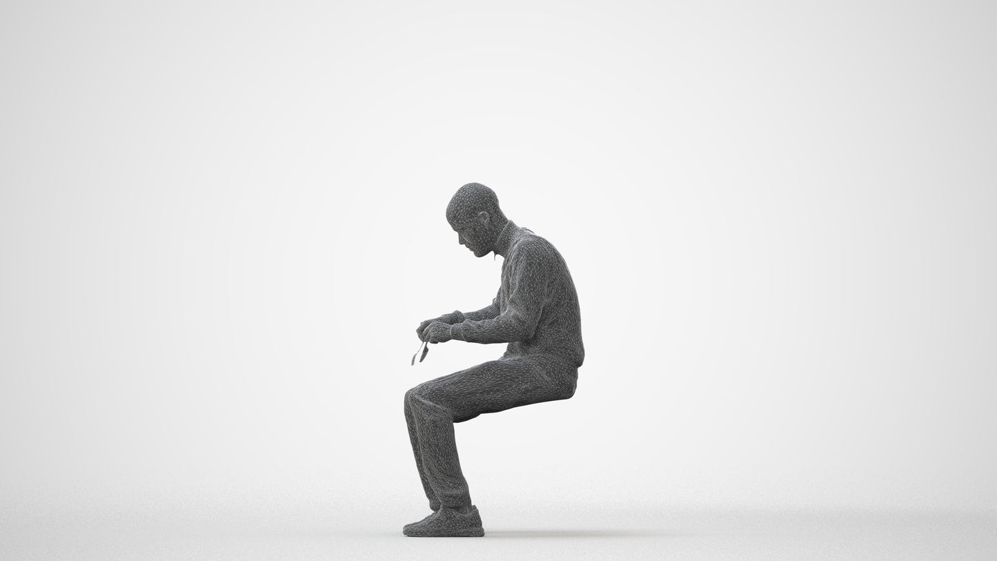 3D human model man casual sitting, photogrammetry scanned person for archviz, square thumbnail