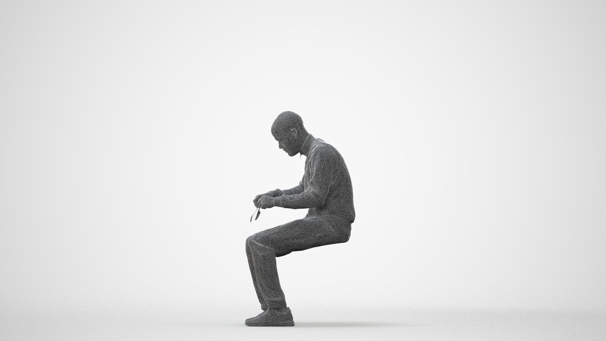 3D human model man casual sitting, photogrammetry scanned person for archviz, square thumbnail