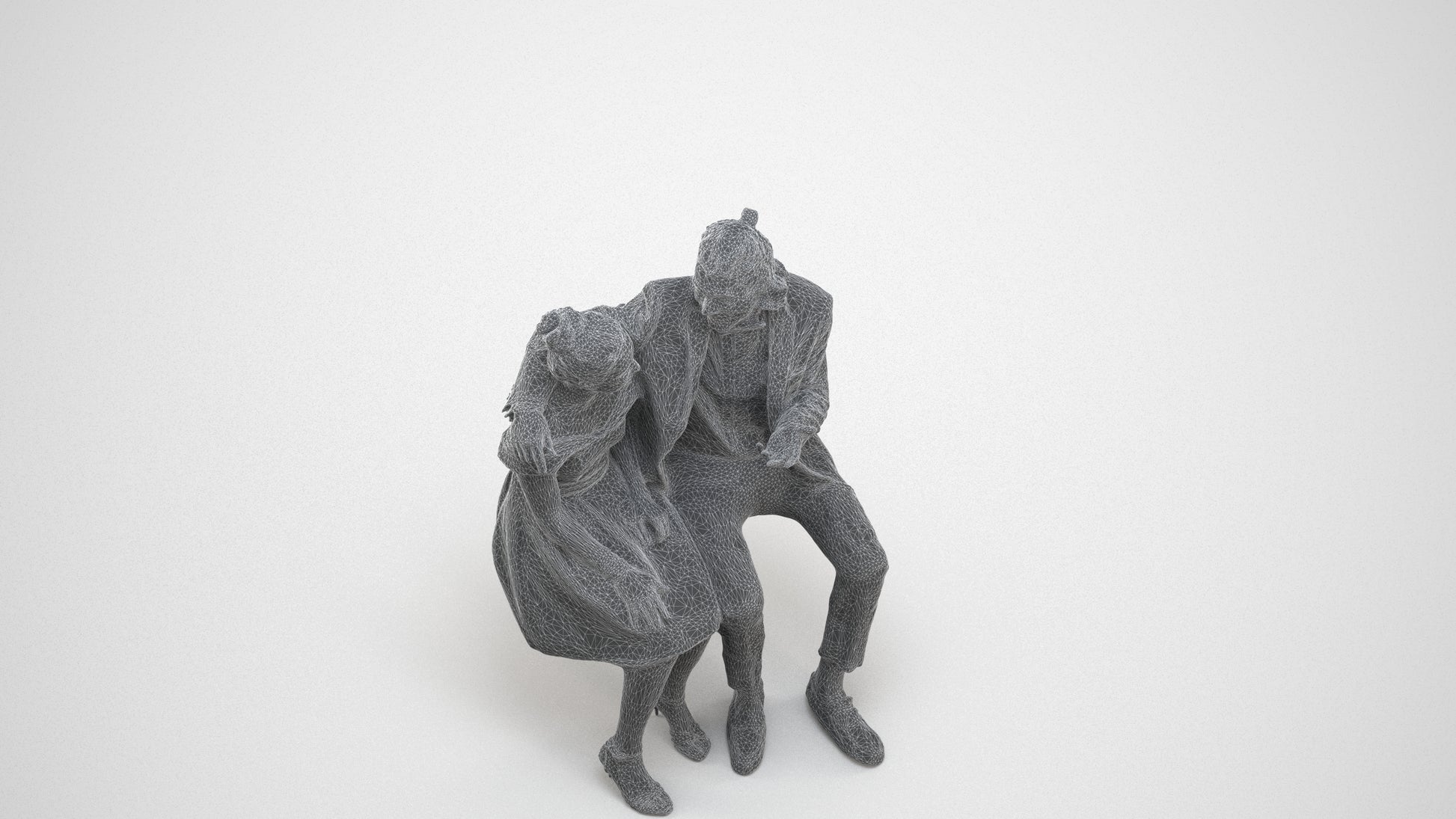 3D human model woman formal sitting, photogrammetry scanned person for archviz, wireframe three-quarter view